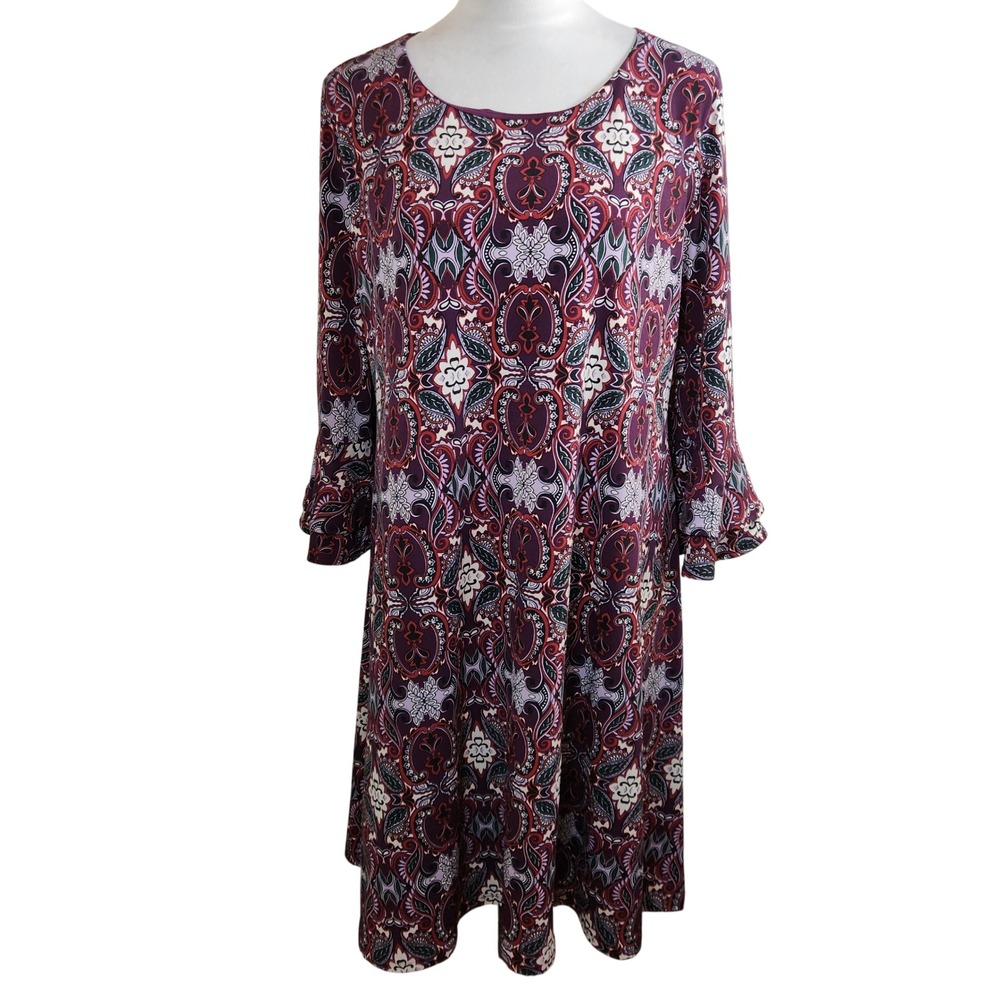 Chico's Sz 2 Shift Dress Womens Purple Paisley Bell Sleeve Scoop Neck Size Large